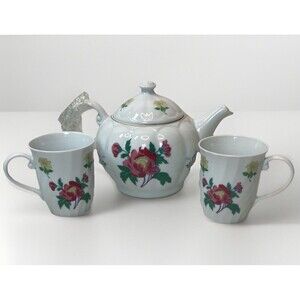 Laura Ashley No 1 Parfums Floral Rose Porcelain Teapot & 2 Mugs NEW - Open Box